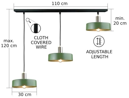 Csillár zsinóron HAKI 3xE27/60W/230V zöld/fekete/fényezett króm