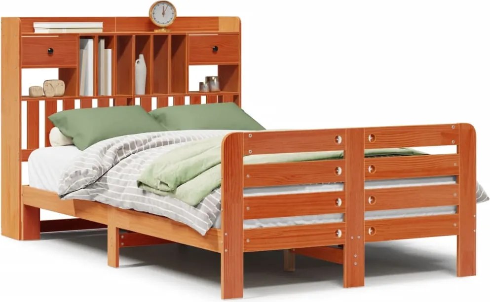vidaXL barna tömör fenyőfa könyvespolcos ágy matrac nélkül 135 x 190cm