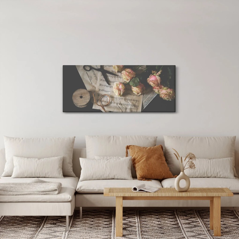 A zenei jegyzetek és a rózsák képe (120x50 cm)