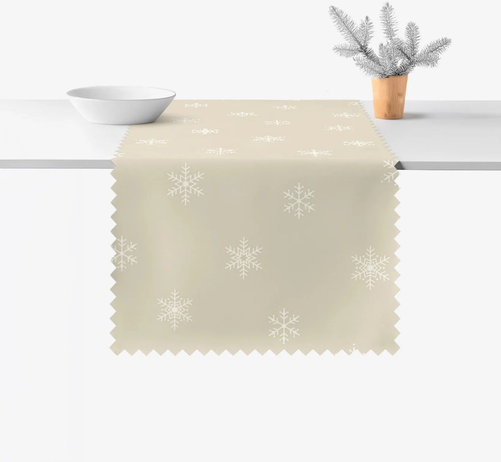 Goldea karácsonyi viaszosvászon asztali futó - hópelyhek latte alapon 35x140 cm