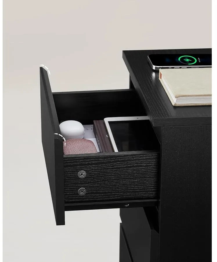 VASAGLE Éjjeliszekrény 2 darabos szett, 2 hálózati aljzattal és 2 USB-porttal, fekete színben