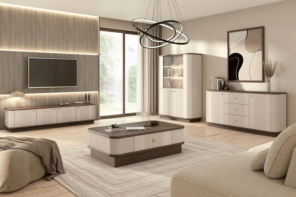 Vesper 4D TV szekrény 187 cm - kasmír / dió / arany fogantyúk
