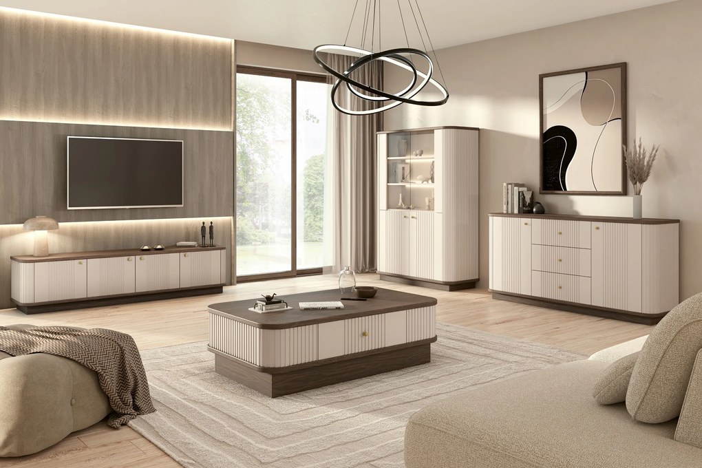 Vesper 4D TV-szekrény 187 cm talapzaton - kasmír / dió / arany fogantyúk