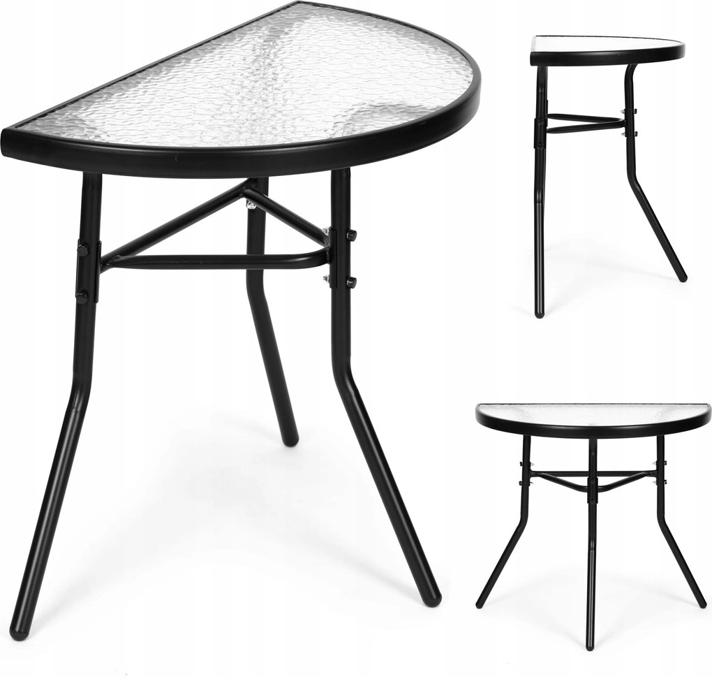 Félkör alakú üveg kerti asztal, 70 x 64 x 43 cm, fekete