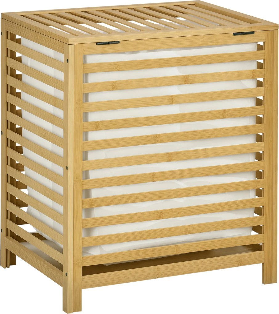 HOMCOM 55L-es Ruhák Kosara, Fedéllel, Kivehető Szennyes Táskával, Hálószobába, Fürdőszobába, Bambusból, 50 x 36 x 60 cm, Természetes | Aosom