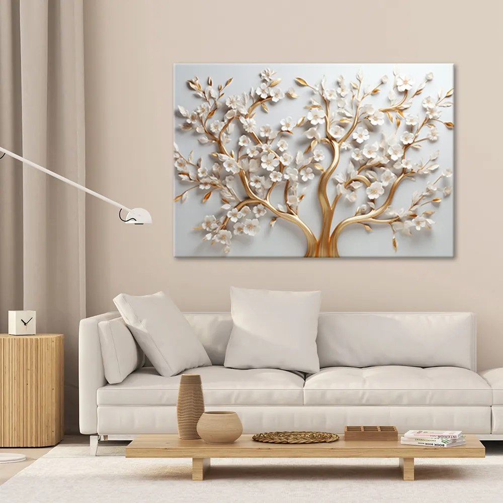 Gario Vászonkép Fehér magnólia virágok arany ágakon Méret: 120 x 80 cm