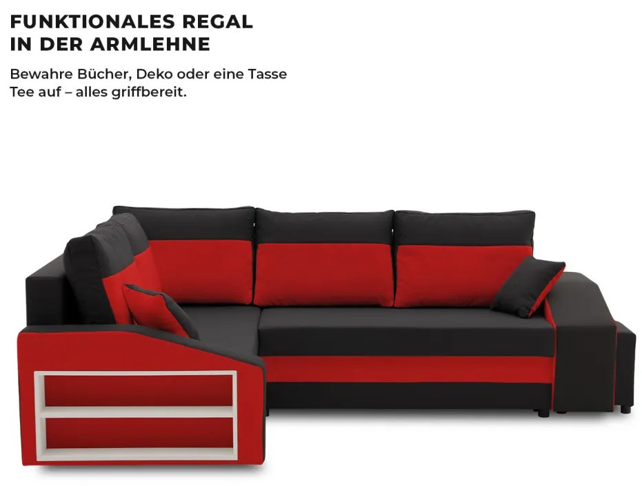 Grande sarokkanapé polcokkal és puffokkal , polc a bal karfaban puffok a jobb karfaban, baloldali, szövet anyag, bonell töltet, fekete - piros
