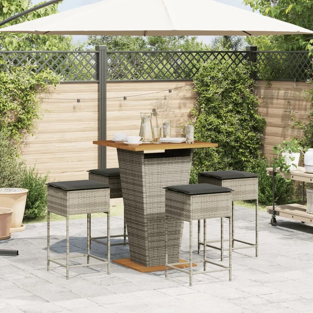 5 részes szürke polyrattan kerti bárszett párnákkal