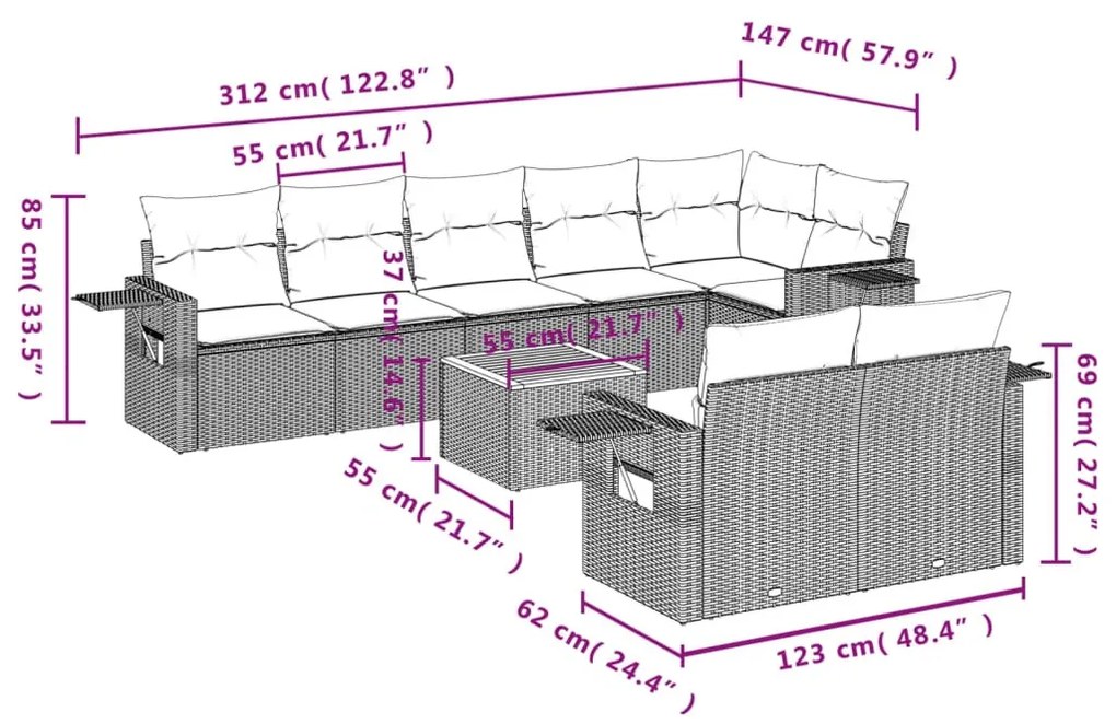 9 részes fekete polyrattan kerti ülőgarnitúra párnákkal