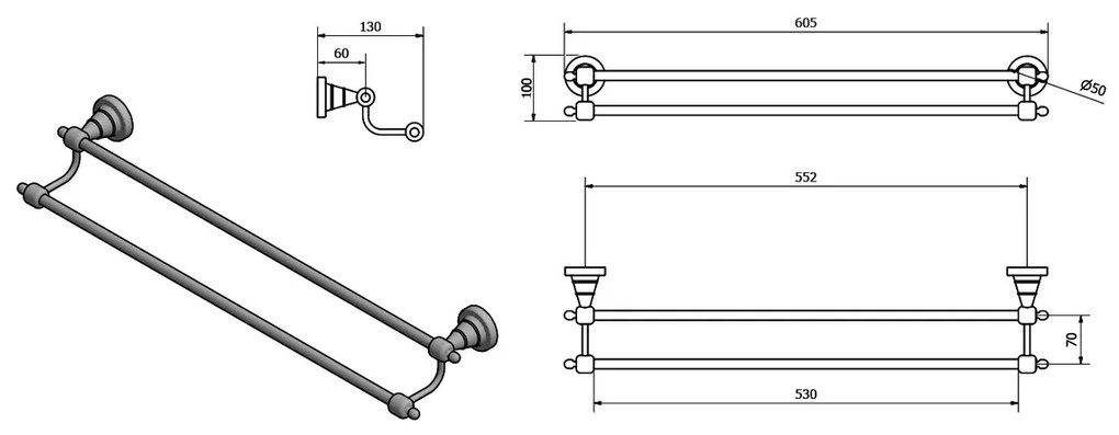 SAPHO 1318-11 Gyémánt dupla törülközőtartó 60 cm,bronz