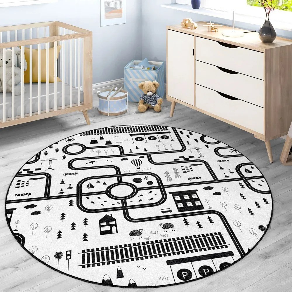 Fekete-fehér mosható gyerek játszószőnyeg ø100 cm In My Town – Mila Home