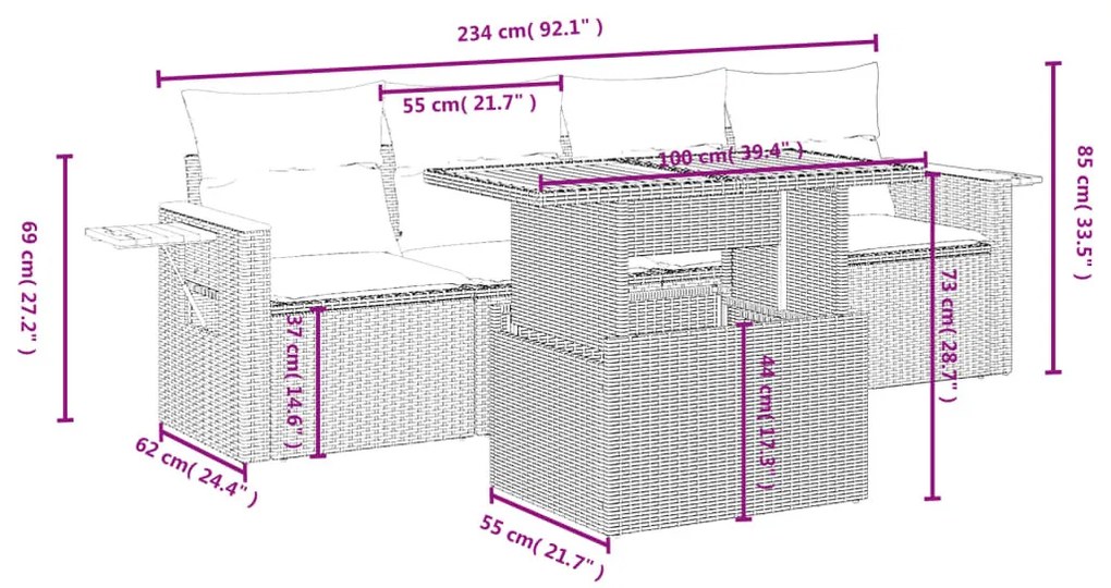 5 részes fekete polyrattan kerti kanapészett párnákkal