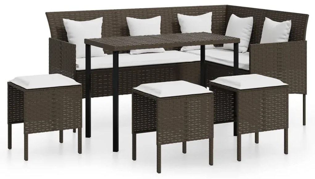5 személyes barna polyrattan L-alakú kanapészett párnákkal