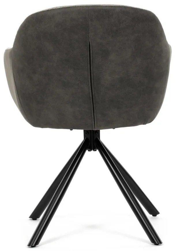 Scaun de sufragerie pivotant, țesătură bej și țesătură gri închis, cu decor vintage din piele, metal negru, rotativ P90°+ L90° cu mecanism de retragere