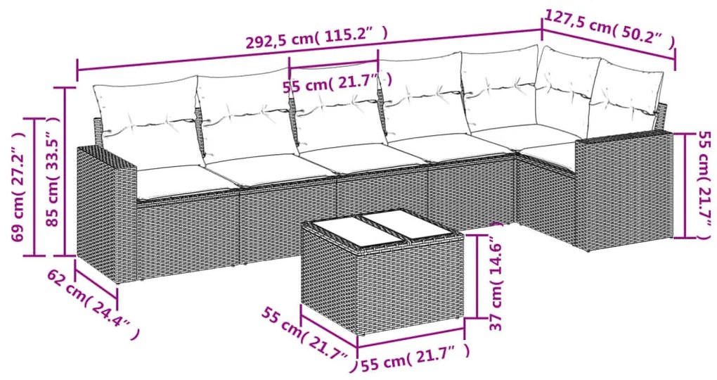 7 részes fekete polyrattan kerti ülőgarnitúra párnával