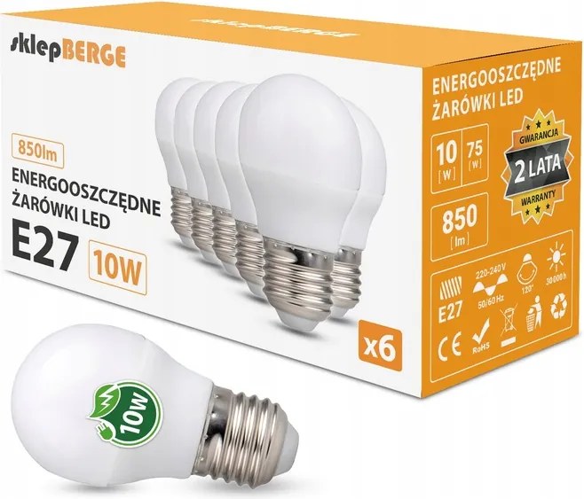 6x Led izzó E27 G45 10W 95W 850lm Hideg szín 6000K Led