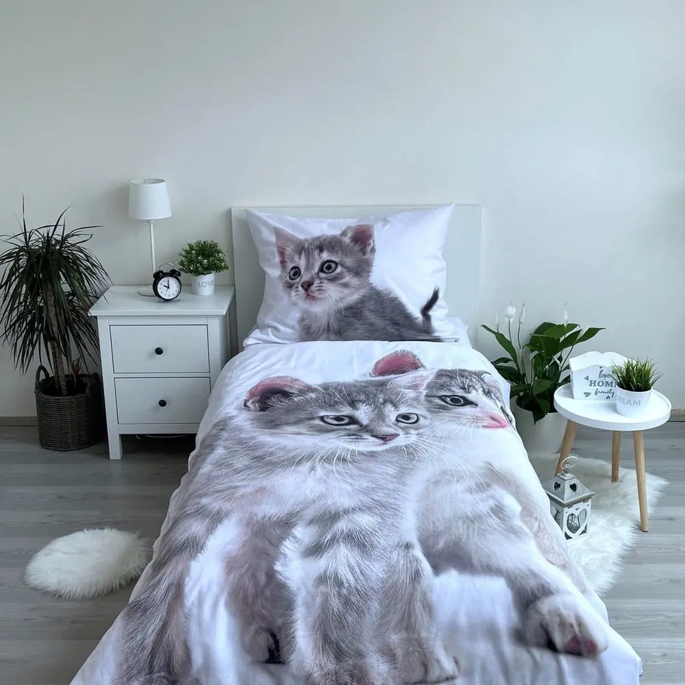 Fehér-szürke egyszemélyes pamut gyerek ágyneműhuzat 140x200 cm Kitten "Grey" – Jerry Fabrics