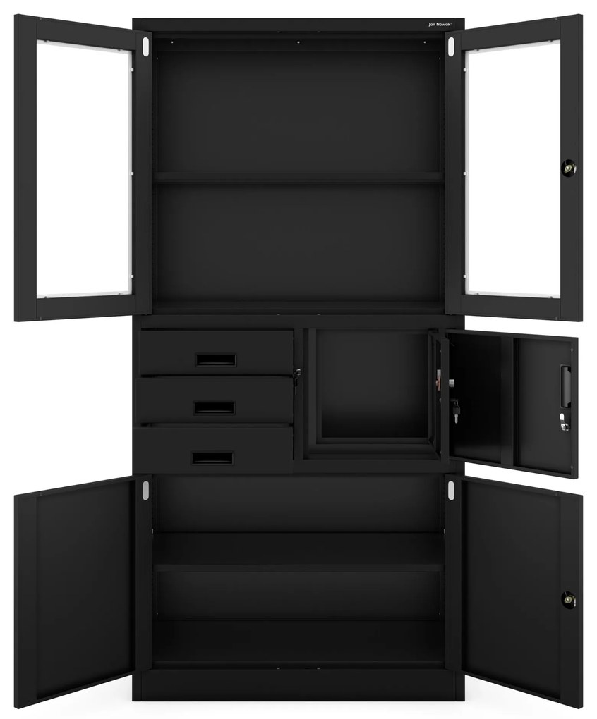 FILIP irodai fémszekrény irattartóval és iratszéffel, 900 x 1850 x 400 mm, fekete színben