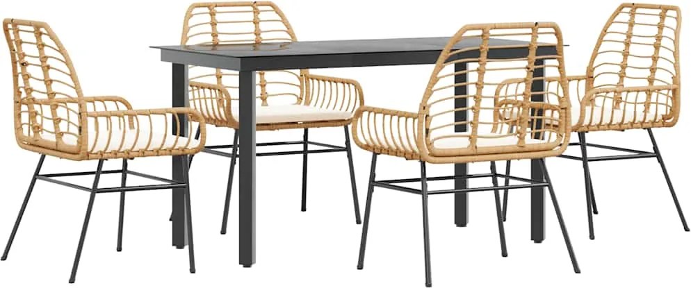 vidaXL 5 észes barna polyrattan üveg kerti étkezőgarnitúra párnával