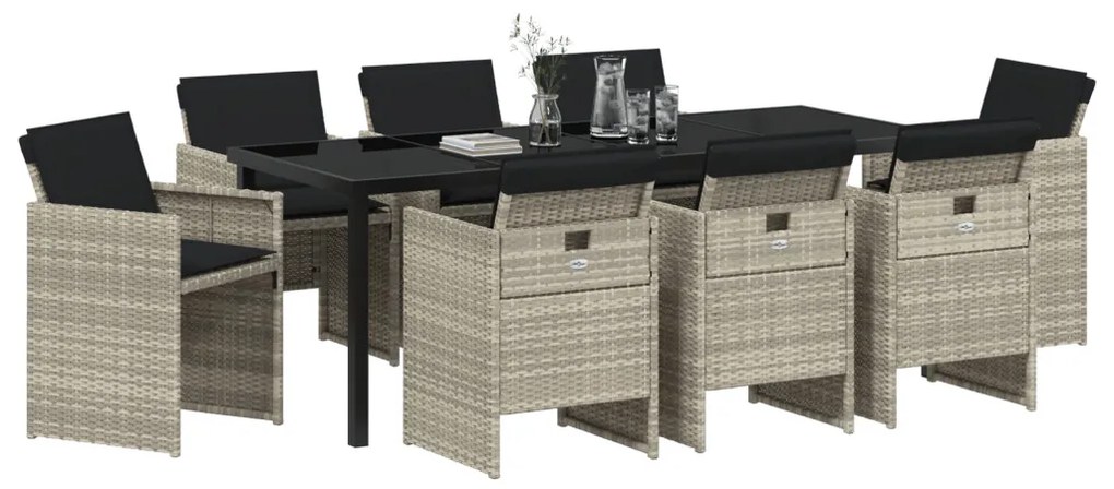 9 Részes Kert Étkezősor Párnákkal Világosszürke Poly Rattan
