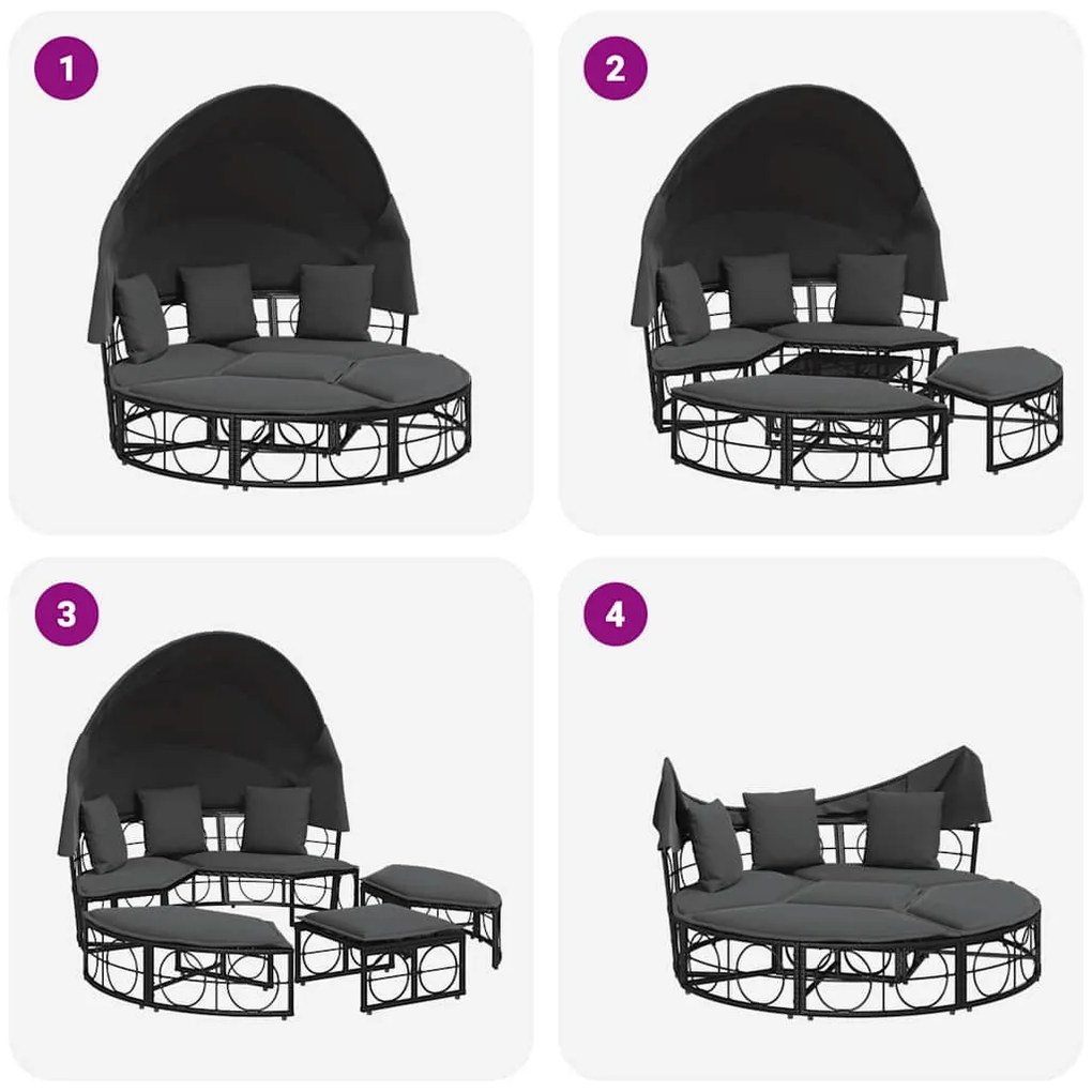 fekete polyrattan kültéri napozóágy napellenzővel és párnákkal