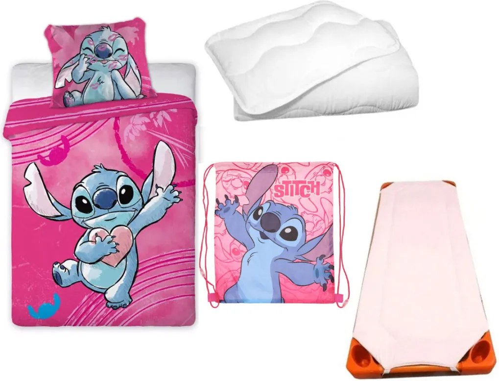 Disney Lilo és Stitch, A csillagkutya Heartbeat Planet gyerek, ovis ágyneműhuzat, derékalj, tornazsák és paplan/párna szett 100x135 cm 40x60 cm