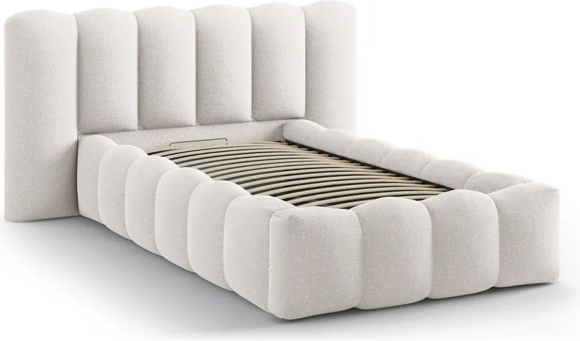 Krémszínű kárpitozott ágyneműtartós egyszemélyes ágy ágyráccsal 90x200 cm Lupine – Micadoni