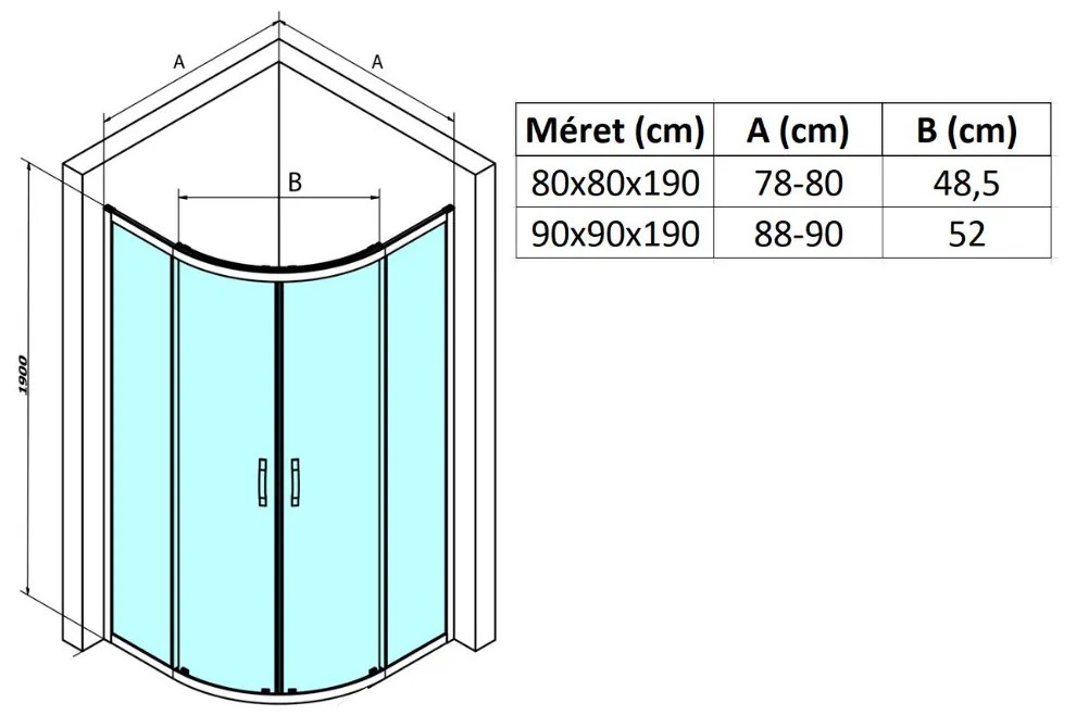 Elio 80X80 cm íves két tolóajtós zuhanykabin 6 mm vízlepergető biztonsági üveggel, krómozott elemekkel, 190 cm magas