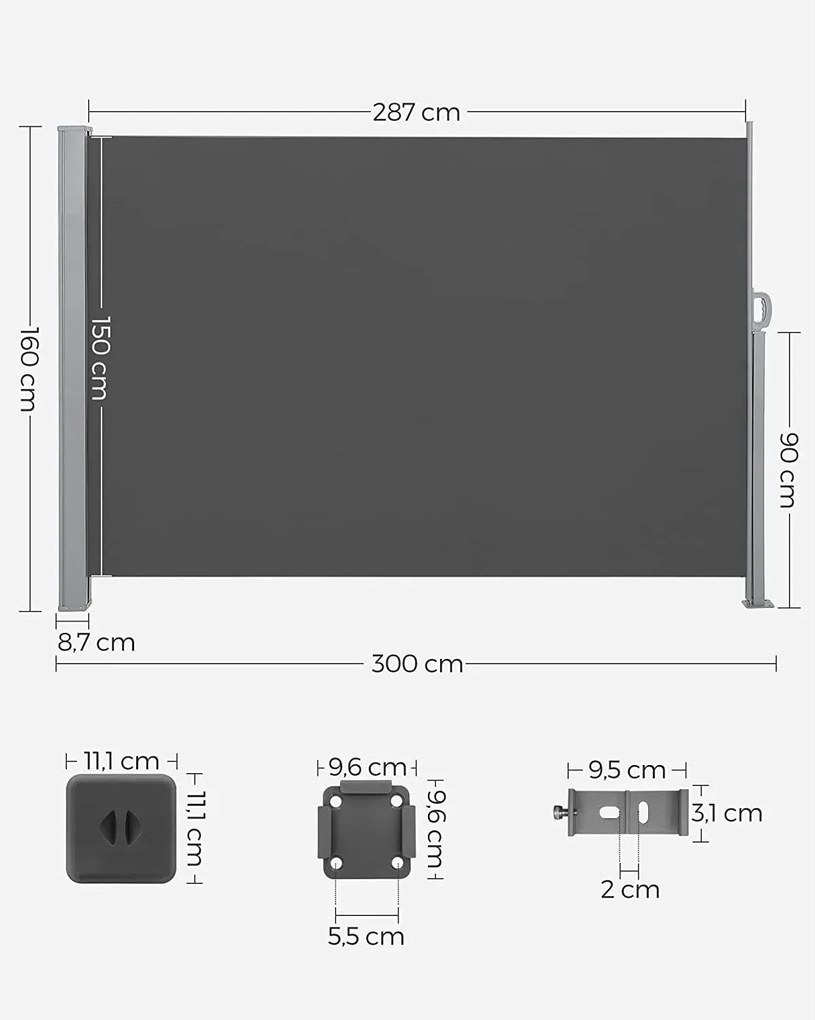 Oldalsó napellenző erkélyre és teraszra 300 x 160, cm, füstszürke