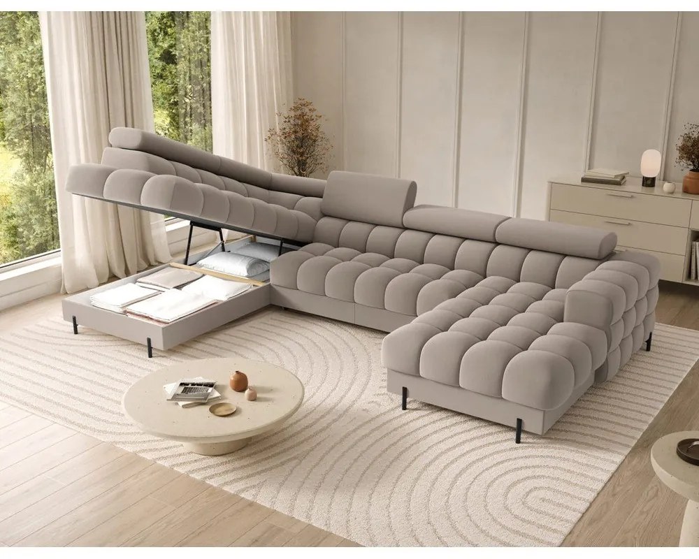 Világosbarna bársony kinyitható sarokkanapé (bal oldali-U alakú) Feraria – ELTAP