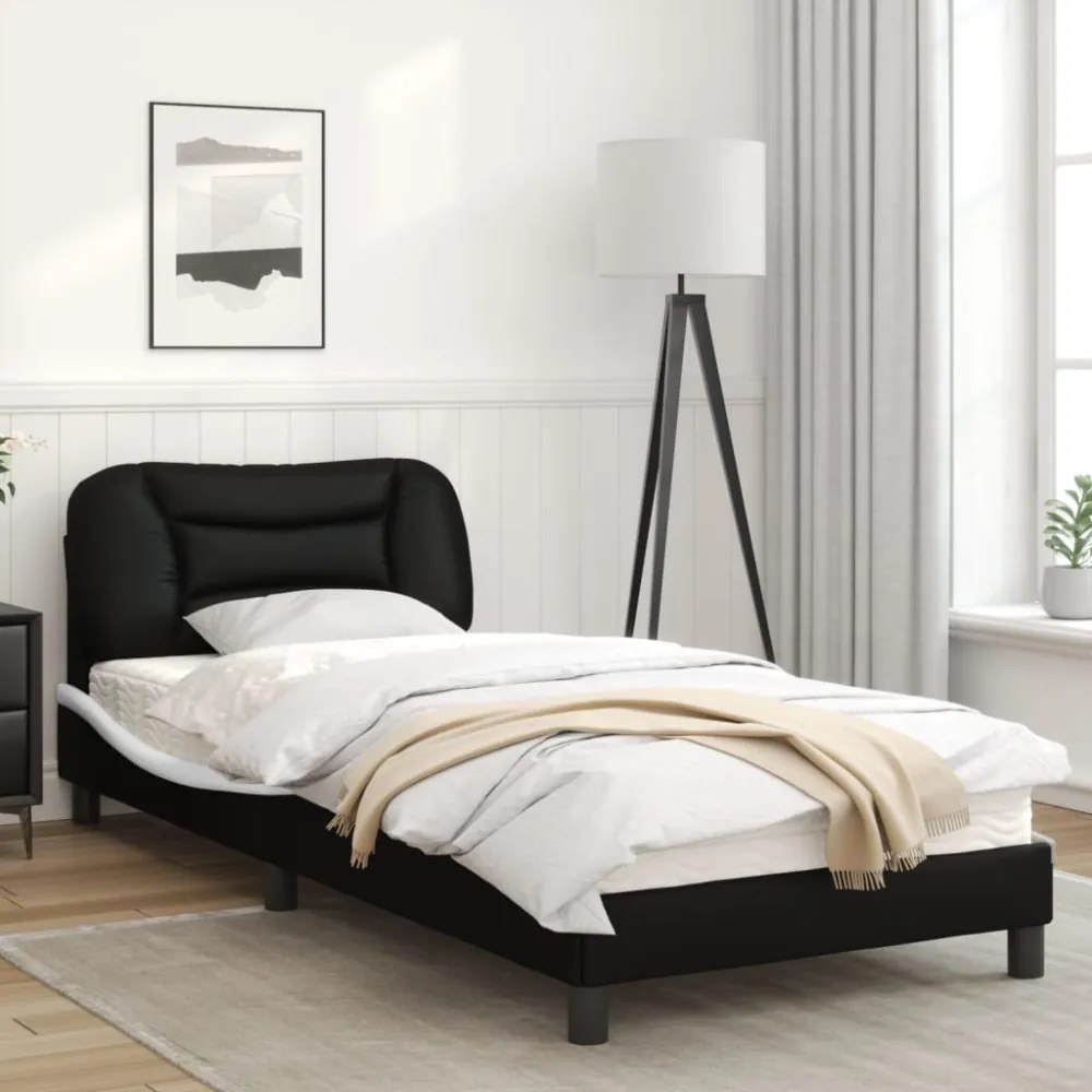 fekete és fehér műbőr ágykeret fejtámlával 90 x 200 cm