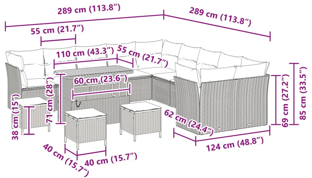 14 Darabos Kerti Kanapészett Párnákkal Bézs Polyrattan Akác, 4 Darabos Kerti Étkezős Szett Párnákkal Bézs Polyrattan Akác