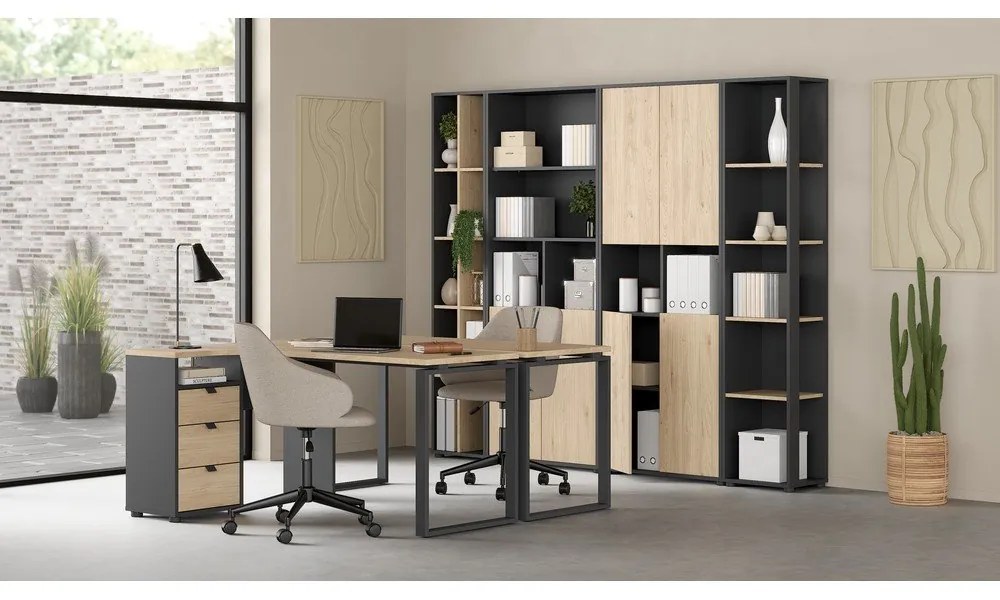 Antracitszürke-natúr színű könyvespolc tölgyfa dekorral 41x205 cm Sign – Tvilum