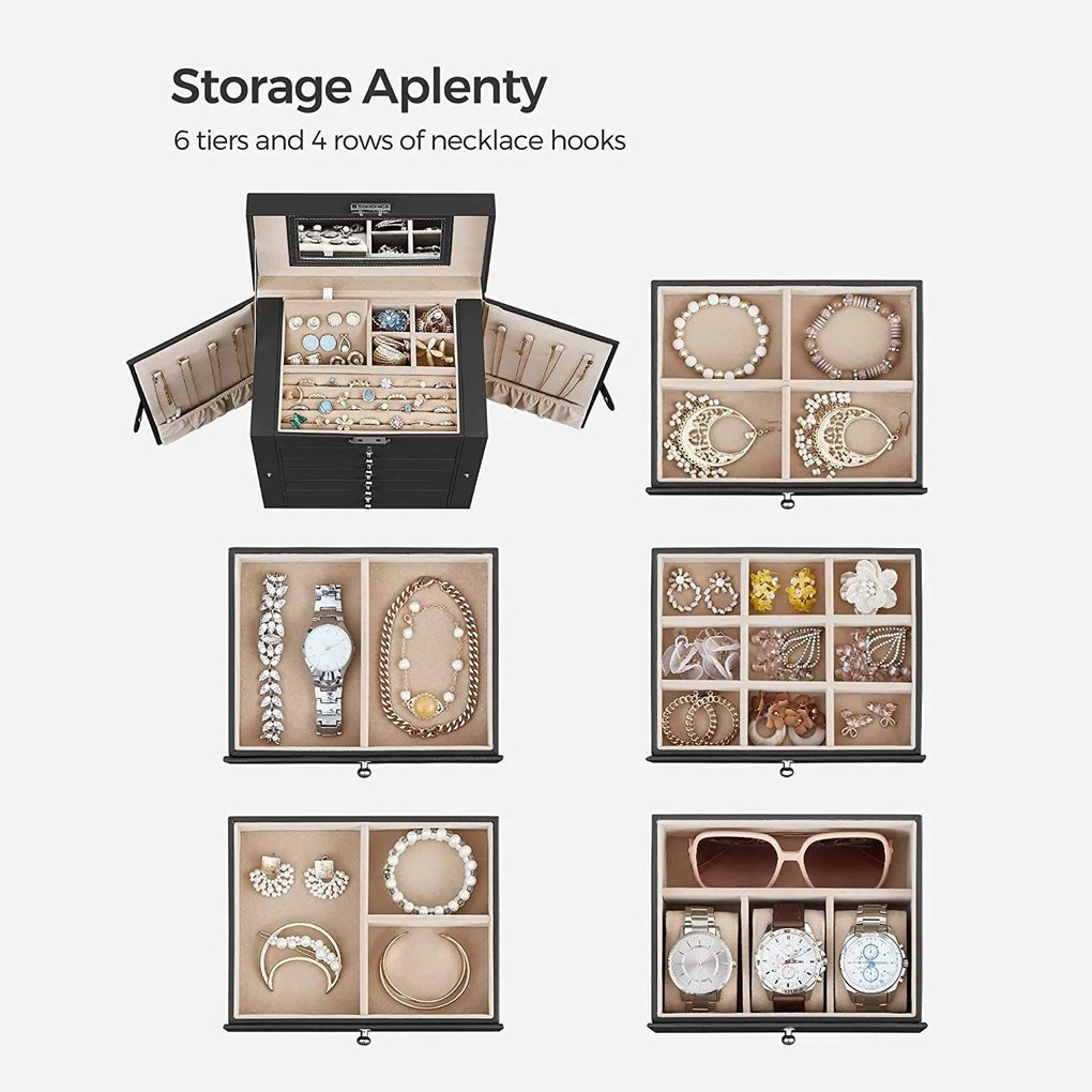 Ékszerdoboz tükörrel és csattal 6 szintes, fekete