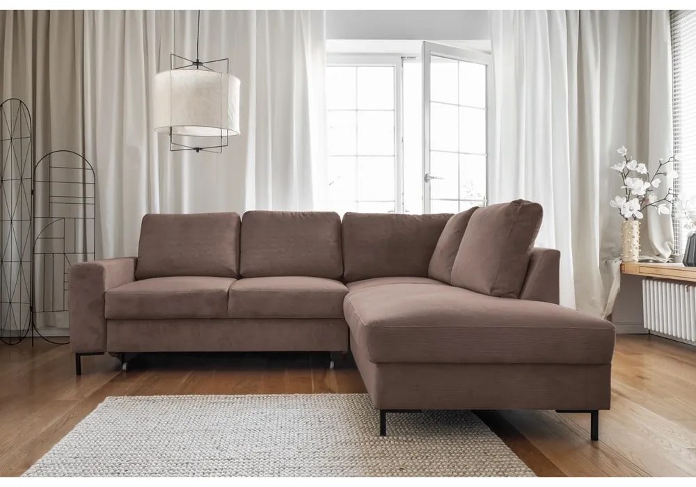 Barna kordbársony kinyitható sarokkanapé (jobb oldali) Lofty Lilly – Miuform