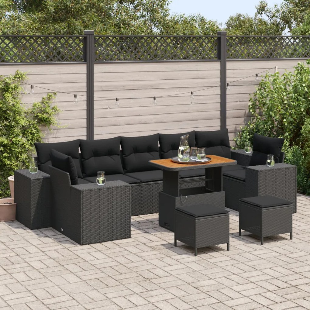 10 Darabos Kerti Sofa Szett Párnákkal, Fekete Poli Rattan Akáciával, 3 Darabos Kerti Étkező Szett Párnákkal, Fekete Poli Rattan Akáciával