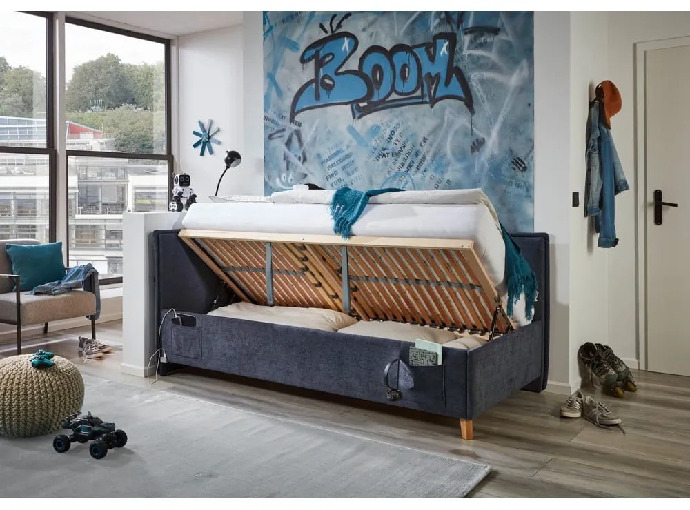 Sötétkék kárpitozott ágyneműtartós sarok gyerekágy ágyráccsal 90x200 cm Fun – Meise Möbel