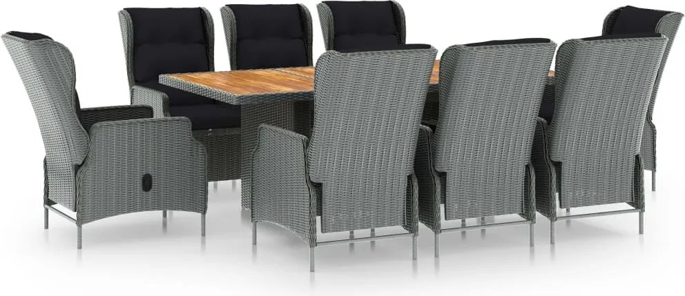vidaXL 9 részes világosszürke polyrattan kültéri étkezőszett párnákkal