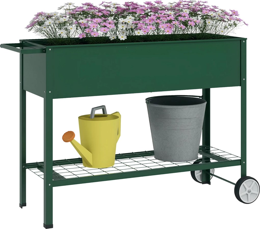 Outsunny Emelt Kertészeti Ágy 109x44x80 cm Emelt Városi Kert 2 Kerekekkel, Polccal és Oldalsó Fogantyúval Növények, Virágok, Zöldségek Növesztéséhez |