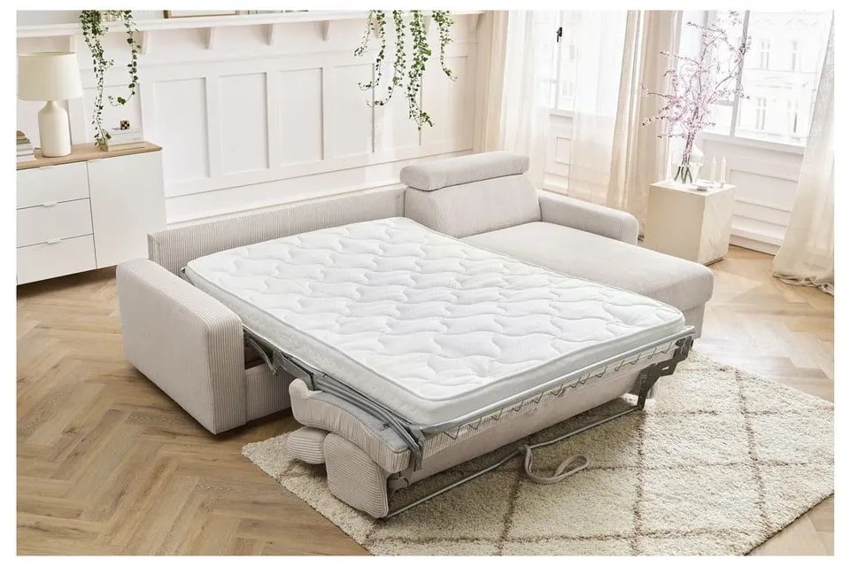 Krémszínű kordbársony kinyitható sarokkanapé (variálható) Monaco – Bobochic Paris