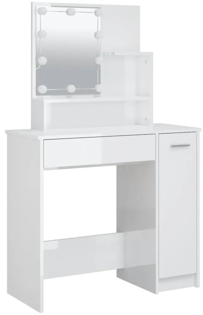 Magasfényű fehér fésülködőasztal LED-del 86,5 x 35 x 136 cm