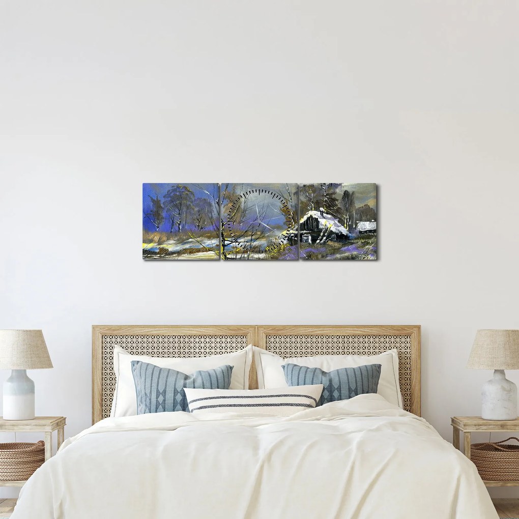 Téli tájon lévő házikó képe, olajfestmény (órával) (90x30 cm)