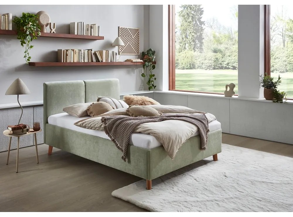 Világoszöld kárpitozott franciaágy ágyráccsal 140x200 cm Piano – Meise Möbel
