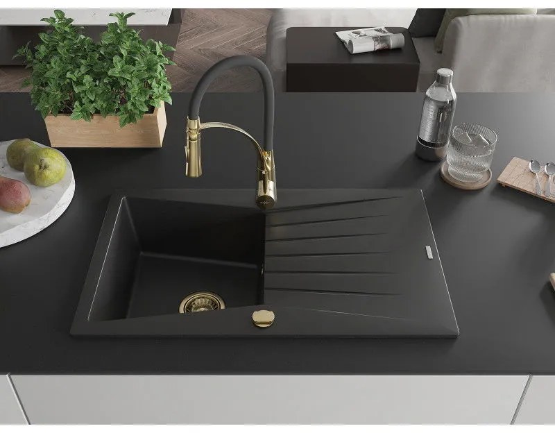 Mexen Cesar, 1 kamrás gránit mosogató 775x470x190 mm és Aster mosogató csaptelep, fekete, 6514-77-73450-57-G