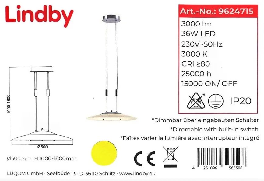 Lindby - AMIDALA LED/36W/230V állítható fényű függeszték kábellel
