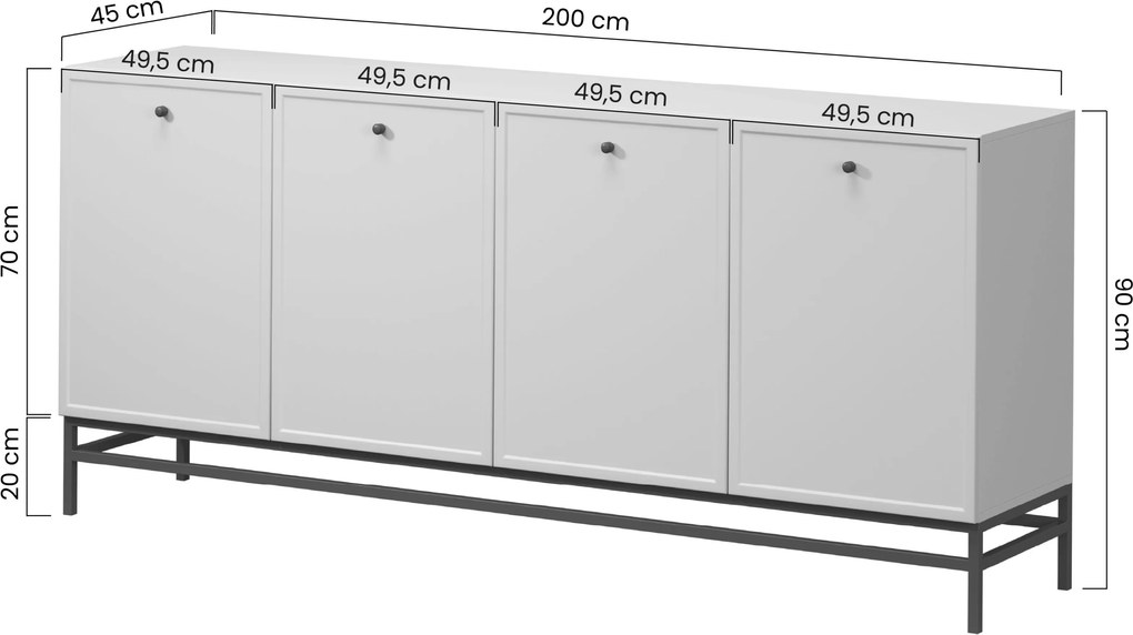 Lorini négyajtós komód 200 cm - kasmír / fekete T-bar fogantyúk / fém lábak
