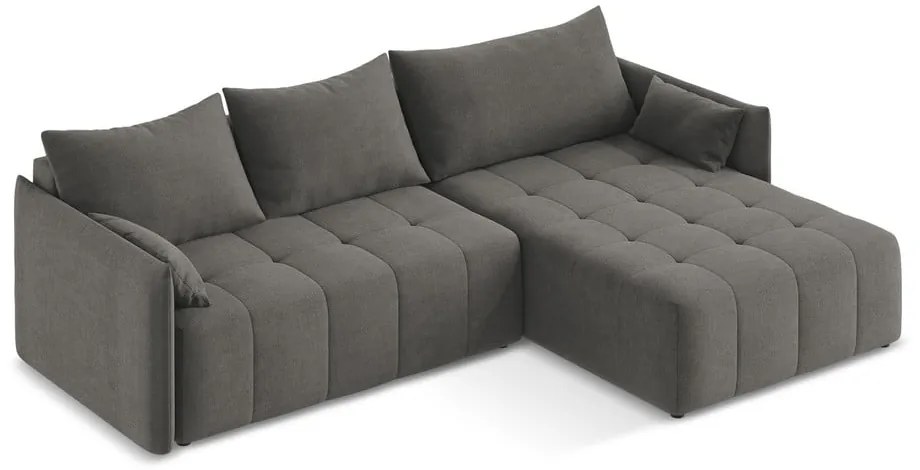 Sötétszürke kinyitható-tárolóhelyes sarokkanapé (jobb oldali-heverő résszel) Moku – Makamii