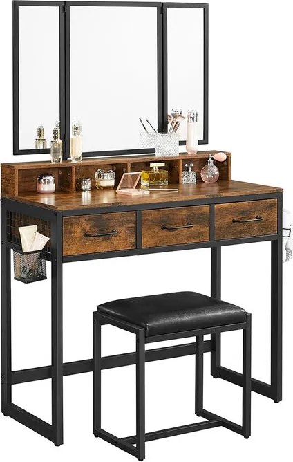 PIERRE fésülködőasztal puffal műbőrből, 90x40x141cm, barna/fekete Vasagle