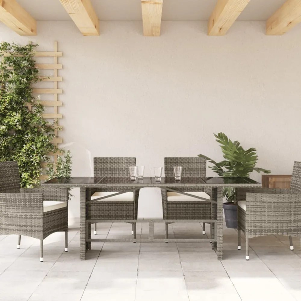 szürke polyrattan üveglapos kerti asztal 190 x 80 x 75 cm