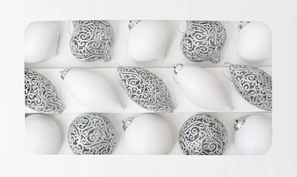 Karácsonyfadísz szett ezüst-fehér 15 db-os karácsonyfadísz szett